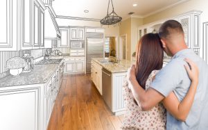 Young Military Couple Looking Inside Custom Kitchen and Design Drawing and Photo Combination.